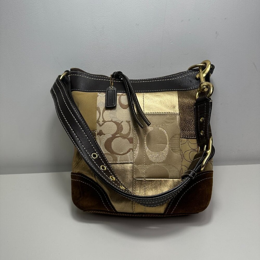 Y2K Vintage Coach Signature Patchwork Gold Medium Shoulder Crosbody Bag F10387 - Picture 3 of 16